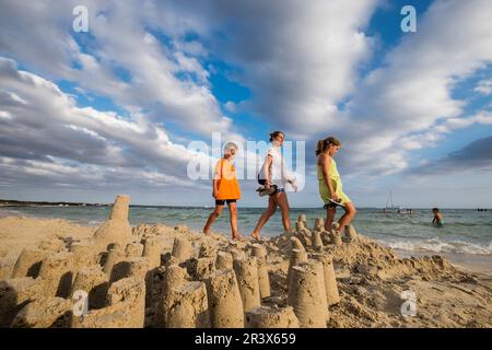 playing with sand, Sa Rapita beach, protected natural area, Campos, Mallorca, Balearic Islands, Spain, Europe. Stock Photo