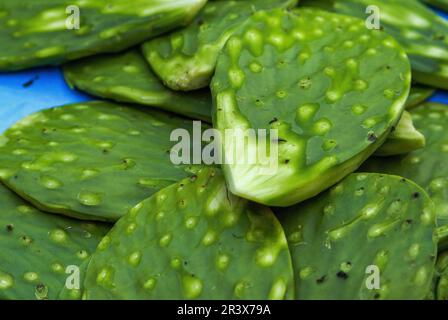 Nopal leaves. Mercado de Malinalco.Malinalco. State of Morelos .Mexico. Stock Photo