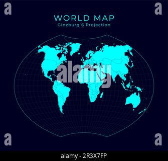 Map of The World. Ginzburg VI projection. Futuristic Infographic world illustration. Bright cyan colors on dark background. Powerful vector illustrati Stock Vector
