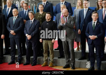 Belgium, Brussels, February 9, 2023: Ukrainian President Volodymyr Zelensky welcomed by heads of state at the European Summit. Ukraine applied for EU Stock Photo