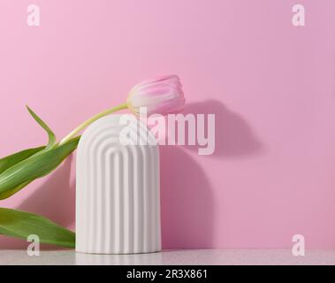 White ceramic decorative arch on a pink background, background for showcasing cosmetics, products, advertising and promotion Stock Photo