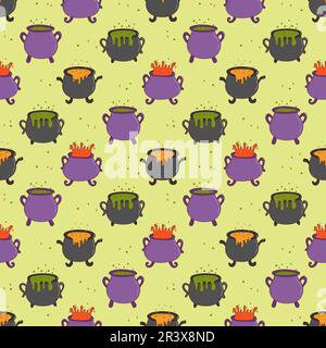 Halloween witches cauldron with poison potion seamless pattern. Trick or treat concept. Flat vector illustration in hand drawn style. Stock Vector