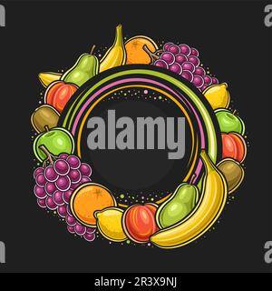 Vector frame for Fruits with empty copy space for ad text, sign board with illustration of whole sweet banana, ripe kiwi fruit, green juicy apple, gro Stock Vector