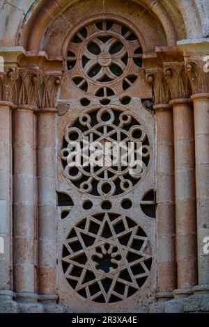 Ermita de Santa Coloma, window flared in a semicircular arch, Albendiego, Guadalajara province, Spain. Stock Photo