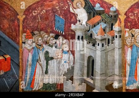 Rogation procession presided over by the pope before Hadrian's mausoleum, altarpiece of the saints archangels, Gabriel Moger, 1407, tempera on wood, Puig de Pollensa monastery of the virgin Mary, Majorca, Spain. Stock Photo