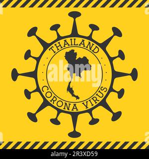 Corona virus in Thailand sign. Round badge with shape of virus and Thailand map. Yellow country epidemy lock down stamp. Vector illustration. Stock Vector