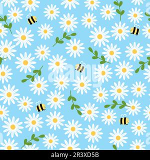 Cute seamless pattern with white camomile, green leaves and smiling bee Stock Vector