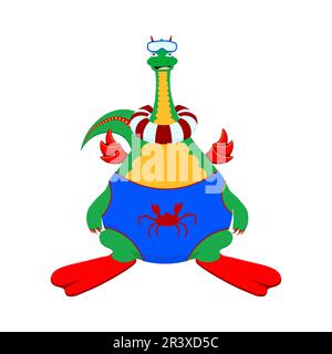 Funny baby dragon in a bathing suit and flippers for swimming. Summer dragon Stock Vector