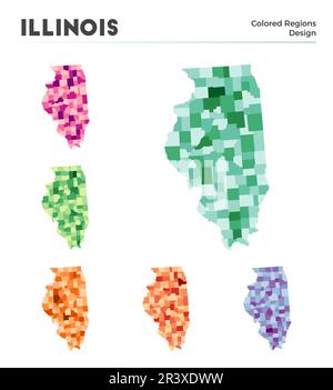 Illinois map collection. Borders of Illinois for your infographic. Colored US state regions. Vector illustration. Stock Vector