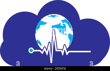 Pulse globe vector logo design icon. Pulse Cardiogram and Globe Icon Vector Logo. Earth globe icon with heart beat. Stock Vector