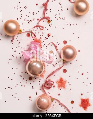Christmas composition. Christmas balls and pink background. Flat lay, top view, copy space Stock Photo