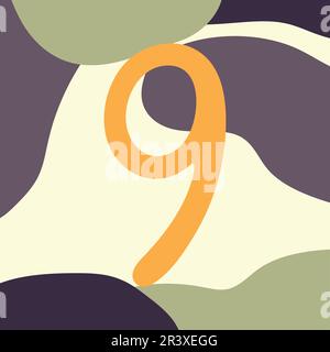 Hand drawn background with number nine and abstract shapes. Vector illustration Stock Vector