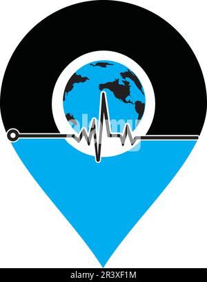 Pulse globe vector logo design icon. Pulse Cardiogram and Globe Icon Vector Logo. Earth globe icon with heart beat. Stock Vector