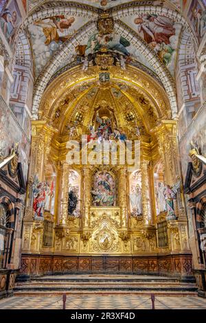 Retablo de la iglesia, monasterio de Santa María la Real de Huerta, construido entre los siglos XII y XVI, Santa María de Huerta, Soria, comunidad autónoma de Castilla y León, Spain, Europe. Stock Photo