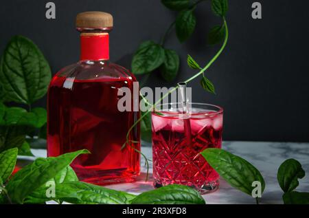 A bottle of red alcohol, next to it in an old-fashioned glass is a cocktail with liquor and ice.  On a marble and black background, surrounded by gree Stock Photo