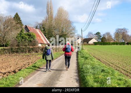Couple of retired people hiking on a country road on a sunny day in winter Stock Photo