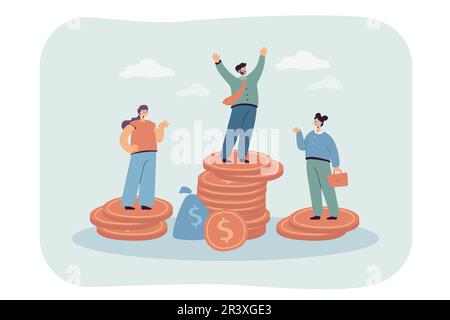 Male and female characters standing on unequal money stacks Stock Vector