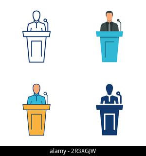 Public speaker icon set in flat and line style. Lecturer symbol. Orator speaking from tribune. Vector illustration. Stock Vector