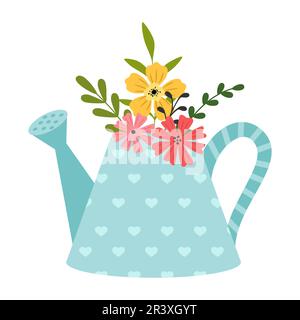 Vector illustration of watering can with flowers isolated on white background. Hand-drawn. Concept of springtime gardening, farming. Stock Vector