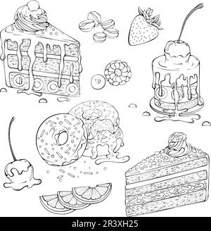 Set of various desserts line art Stock Vector