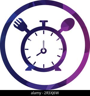 Eat time vector logo template. This logo with clock, spoon and fork symbol. Suitable for home, restaurant, cooking, healthy. Stock Vector