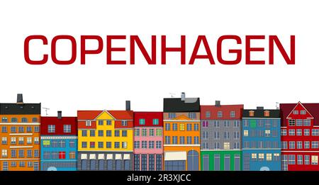 Copenhagen welcome card with city buildings skyline in colors over white background. Editable vector copy space illustration Stock Vector