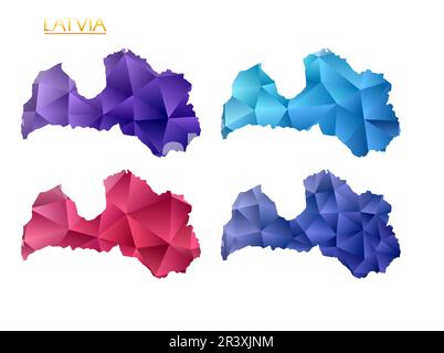 Set of vector polygonal maps of Latvia. Bright gradient map of country in low poly style. Stock Vector