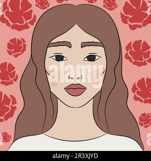 Young Asian woman on a floral background. Hand drawn vector illustration Stock Vector