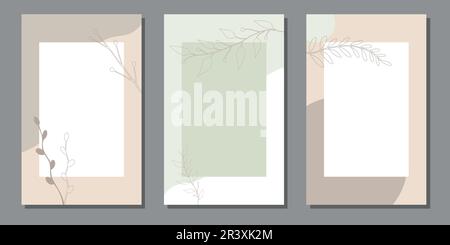 Set of botanical templates in pastel colors with hand drawn botanical elements and free space for text. For posters, postcards, invitation, cover, soc Stock Vector