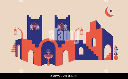 Creative minimalist abstracts. House or mosque facade with water fountain, candle lamp, stairs, indoor plants. Vector illustration. Stock Vector