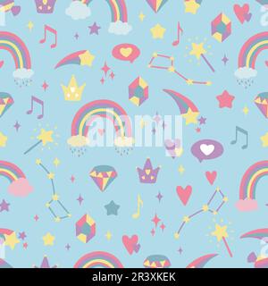 Seamless background with hearts, rainbows, stars, diamonds, crowns. Creative background for nursery. Perfect for kids design, fabric, packaging Stock Vector