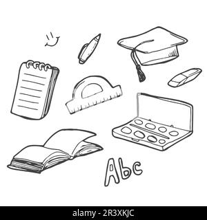 Freehand drawing school items on a sheet of exercise book. Back to School. Vector illustration. Set Stock Vector