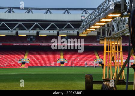 Grow Lights on grass football pitch at Anfield home of Liverpool FC Stock Photo