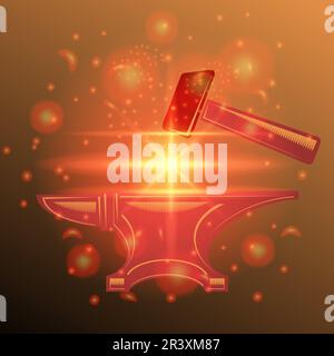 Vector Anvil and Hammer Icon with Yellow Red Flash and Stars on Dark Blurred Background. Industrial Logo Design. Stock Vector