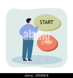 Man standing in front of huge start and stop buttons Stock Vector