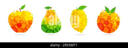 Red and green grapes, pomegranate, mango and banana set of abstract colorful fruits design. Creative concept icons of fruit for label of fresh juice Stock Vector