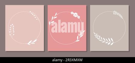 Set of elegant round templates with hand drawn botanical elements. For posters, decoration, postcards, wedding, invitation, cover, social media post Stock Vector