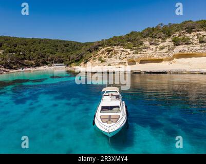 sailboat at anchor, Cala Portals Vells, Calvia, Mallorca, Balearic Islands, Spain. Stock Photo