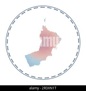 Oman round logo. Digital style shape of Oman in dotted circle with country name. Tech icon of the country with gradiented dots. Stock Vector