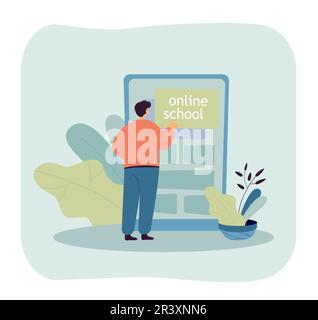 Online school student standing in front of huge smartphone Stock Vector