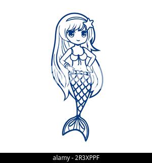 Cute little mermaid for design on a white background. Little mermaid coloring book, blank outline on white background. Vector illustration in manga an Stock Vector