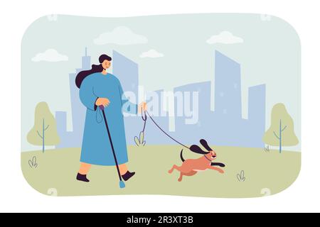 Blind cartoon woman on walk with guide dog in park Stock Vector