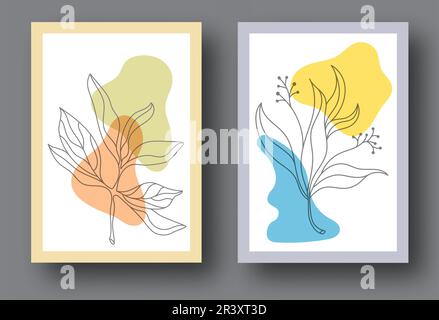 The layout of the painting with plant elements and abstract forms. Template for print, banner, poster and creative design. Fashionable art of painting Stock Vector