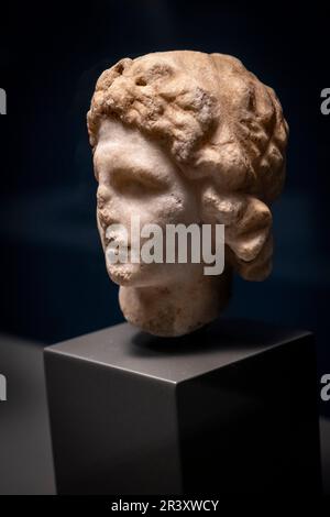 head of Alexander the Great, marble, Macedonian dynasty, reign of Alexander the Great, granite, 332-323 BC, Temple of Aphrodite, Cyrene, Libya, Egypt, collection of the British Museum. Stock Photo