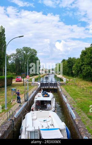 The Canal des Vosges in Corre (north-eastern France): small barges passing through the lock Stock Photo