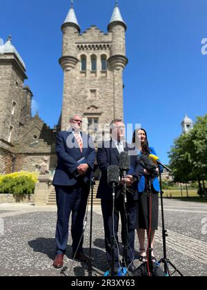 DUP leader Sir Jeffrey Donaldson along with party colleague Gavin Robinson and Emma Little Pengelly outside Stormont Castle after a meeting with the head of the NI Civil Service Jayne Brady. Picture date: Thursday May 25, 2023. Stock Photo