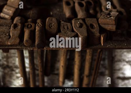 Close up of old hammers in blacksmith workshop Stock Photo