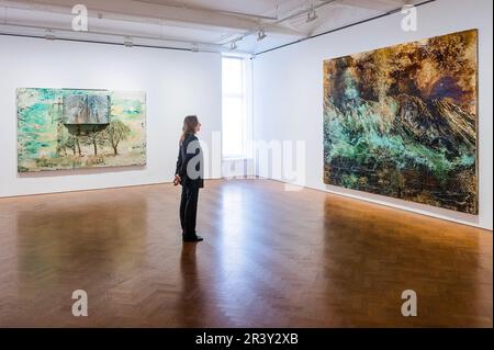 London, UK. 25th May, 2023. Anselm Keifer, Habent sua fata libelli, 2017-2023, and Voglio vedere le mie montagne, fur Giovanni Segantini, 2009-2022 - Alchemy at Thaddaeus Ropac, London. It brings together major works by some of the most influential European and American artists of the post-war and contemporary periods. The exhibition is Open to the public: 26 May-29 July 2023. Credit: Guy Bell/Alamy Live News Stock Photo