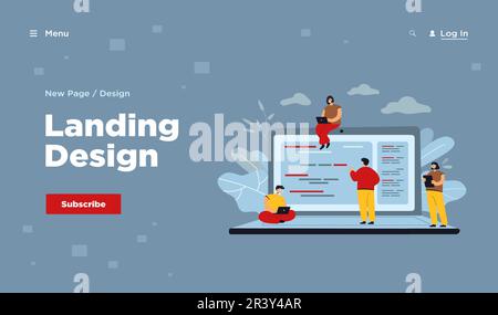 Cartoon tiny young programmers and coders working with computers Stock Vector