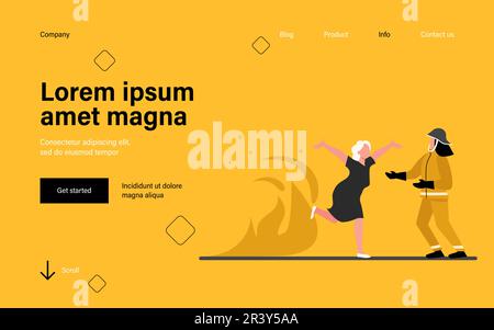 Woman running from fire to firefighter Stock Vector